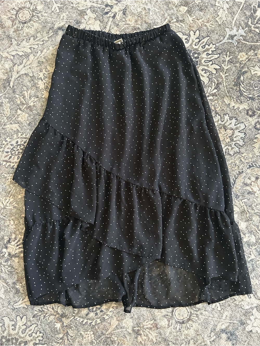 Black Polka Dot Ruffle Midi Skirt